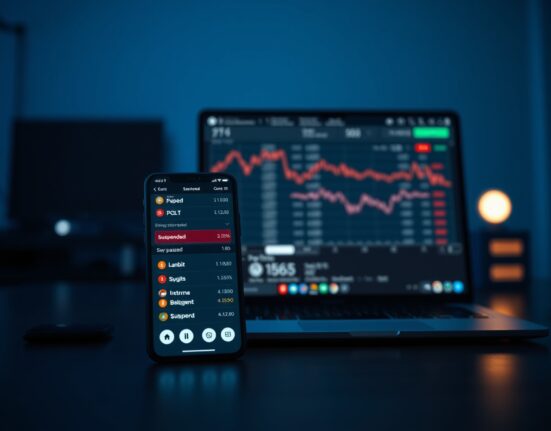 Upbit trading interface showing suspended status for POL and GMT assets on smartphone and laptop