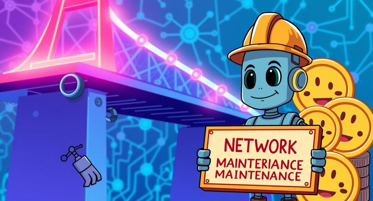 Cartoon illustration of Upbit suspending Polygon network transactions during blockchain maintenance