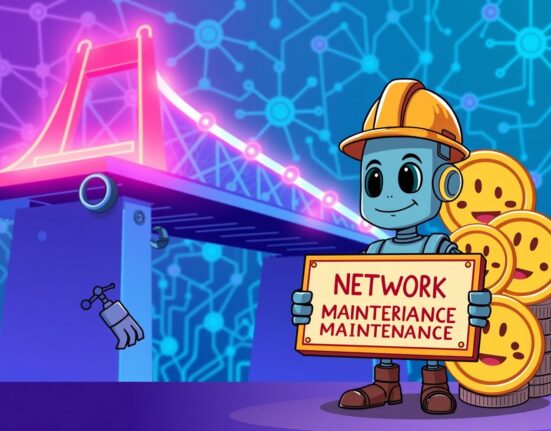 Cartoon illustration of Upbit suspending Polygon network transactions during blockchain maintenance