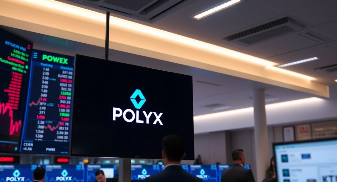 Upbit cryptocurrency exchange trading floor with POLYX logo on digital screens