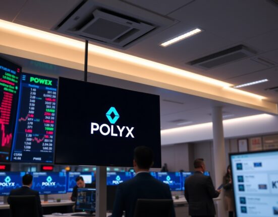 Upbit cryptocurrency exchange trading floor with POLYX logo on digital screens