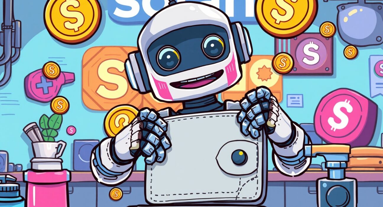 Upbit suspends Solana deposits withdrawals during wallet maintenance showing cartoon robot fixing digital wallet