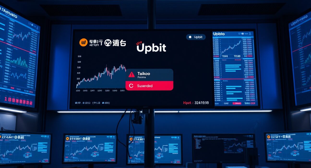 Upbit exchange control room monitor showing TAIKO trading suspension alert