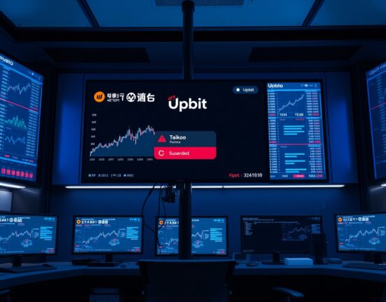Upbit exchange control room monitor showing TAIKO trading suspension alert