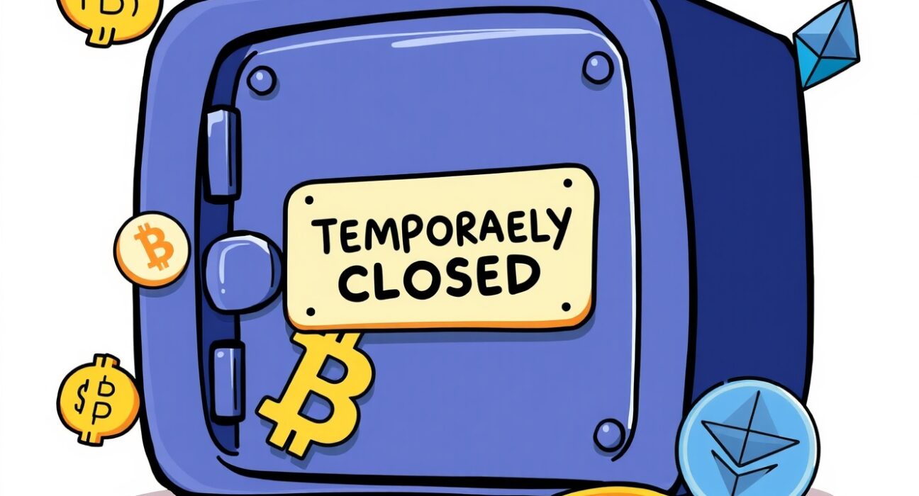 A cartoon illustration of a digital vault being temporarily closed, symbolizing the Upbit suspension of deposits and withdrawals.