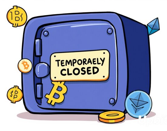 A cartoon illustration of a digital vault being temporarily closed, symbolizing the Upbit suspension of deposits and withdrawals.