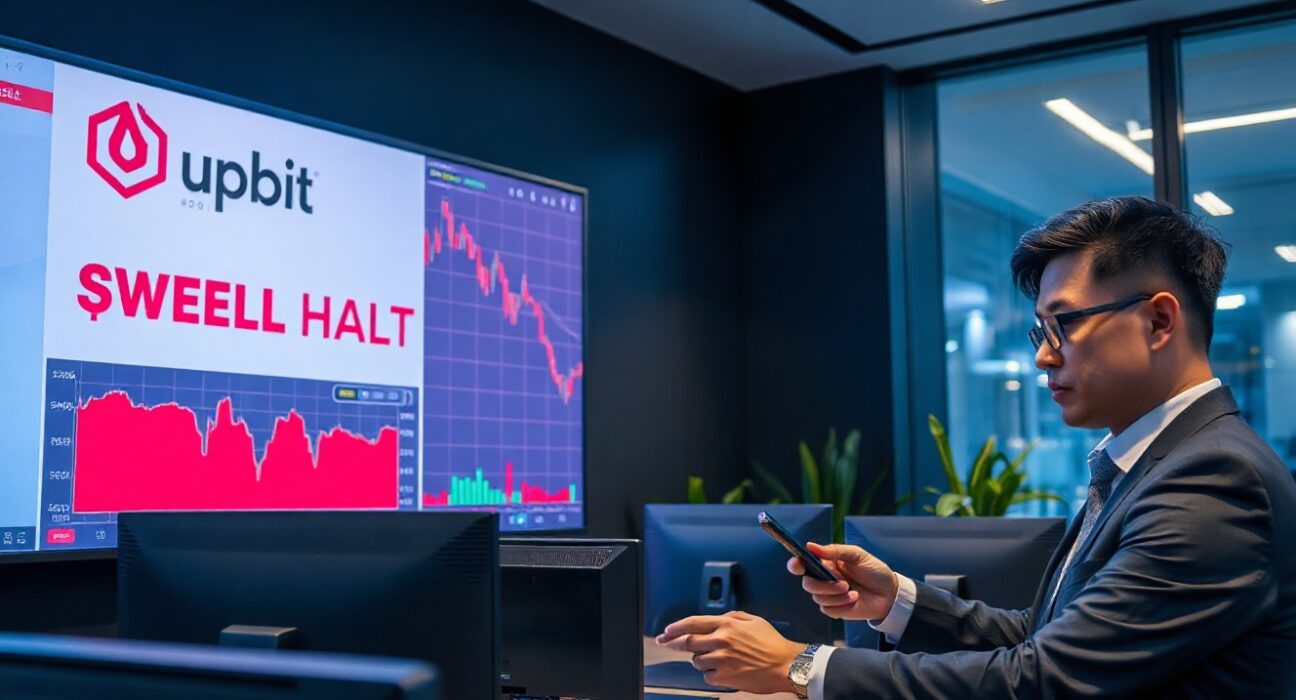 Upbit exchange office with traders monitoring a SWELL token chart on a digital display