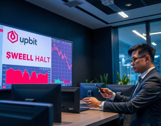 Upbit exchange office with traders monitoring a SWELL token chart on a digital display
