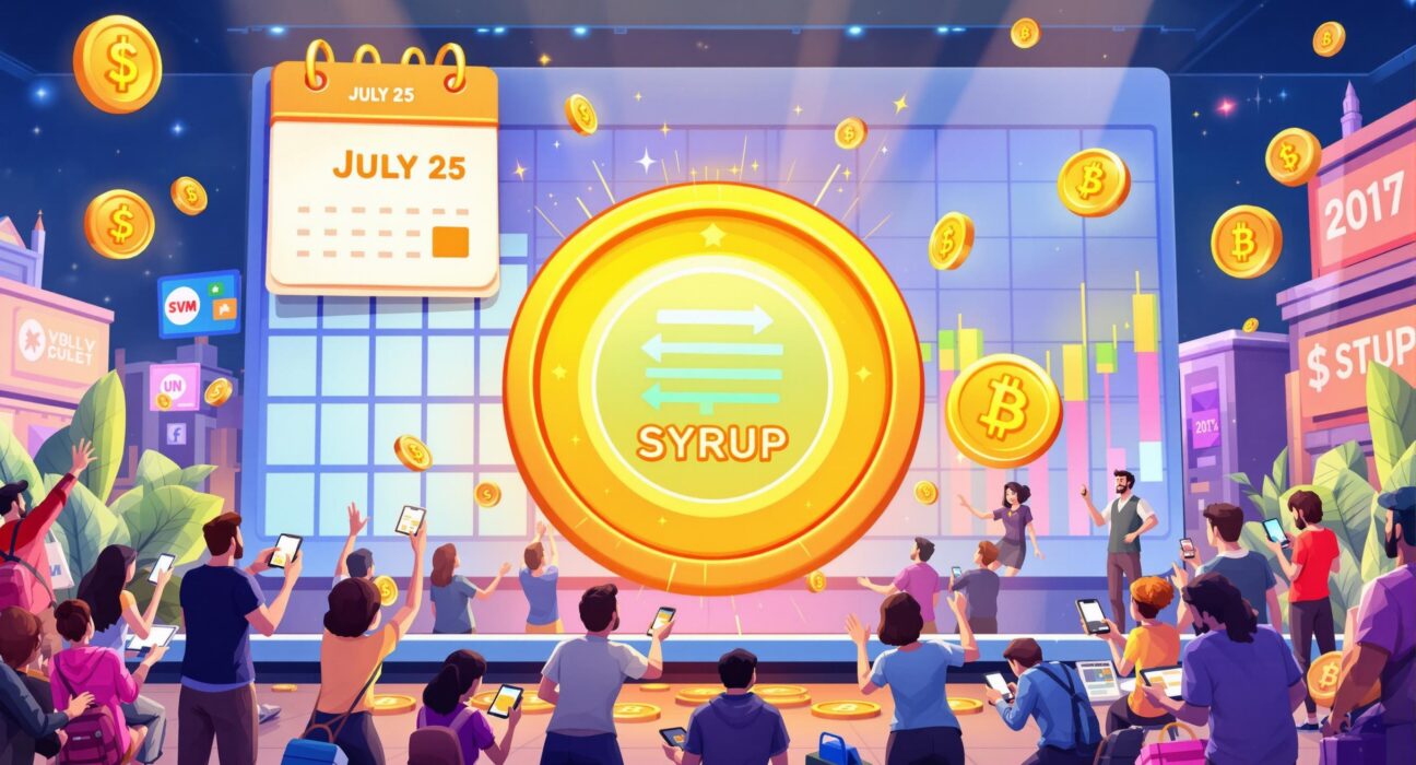 Cartoon illustration showing the excitement around the Upbit SYRUP listing on a crypto exchange platform.