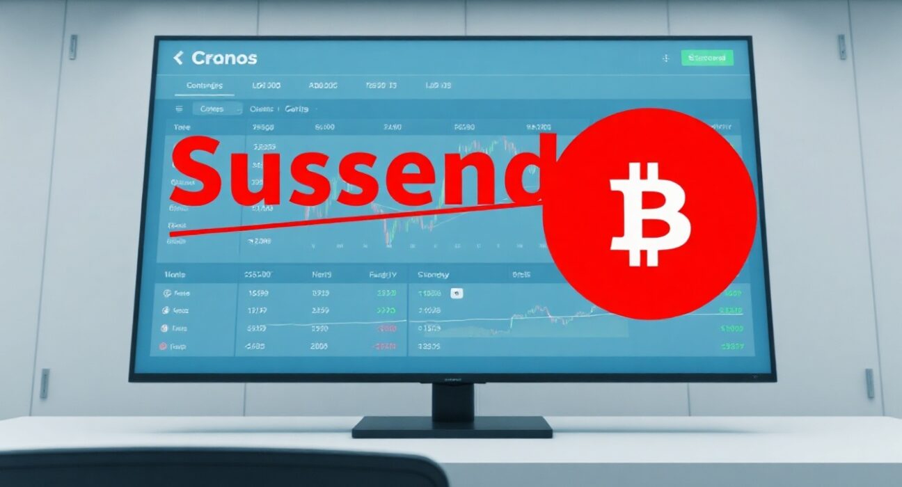 Upbit exchange interface showing CRO token suspension notice for network upgrade
