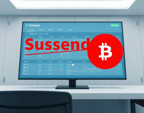 Upbit exchange interface showing CRO token suspension notice for network upgrade