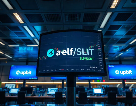 Upbit exchange interface showing ELF trading pair during network upgrade suspension