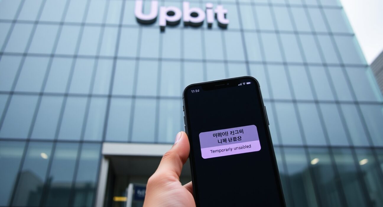 Upbit exchange building exterior in Seoul with smartphone showing maintenance message