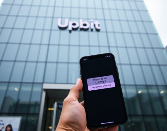 Upbit exchange building exterior in Seoul with smartphone showing maintenance message