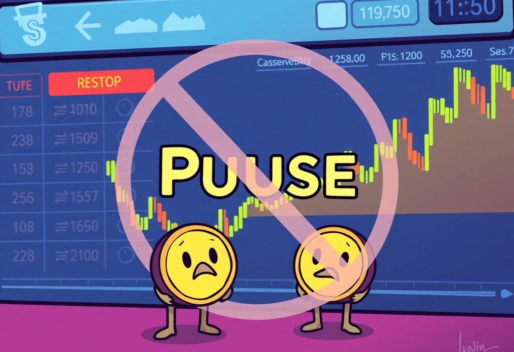 Cartoon showing a digital pause over a crypto exchange, conveying the Upbit TIA suspension for Celestia holders.