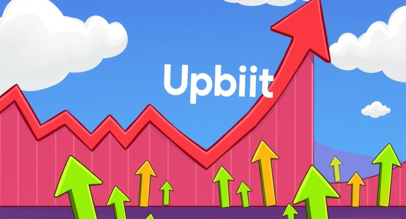 A cartoon illustration showing a significant drop in Upbit trading volume compared to other growing crypto exchanges.