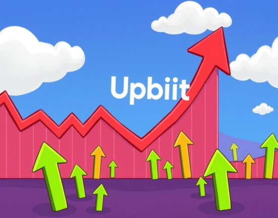 A cartoon illustration showing a significant drop in Upbit trading volume compared to other growing crypto exchanges.