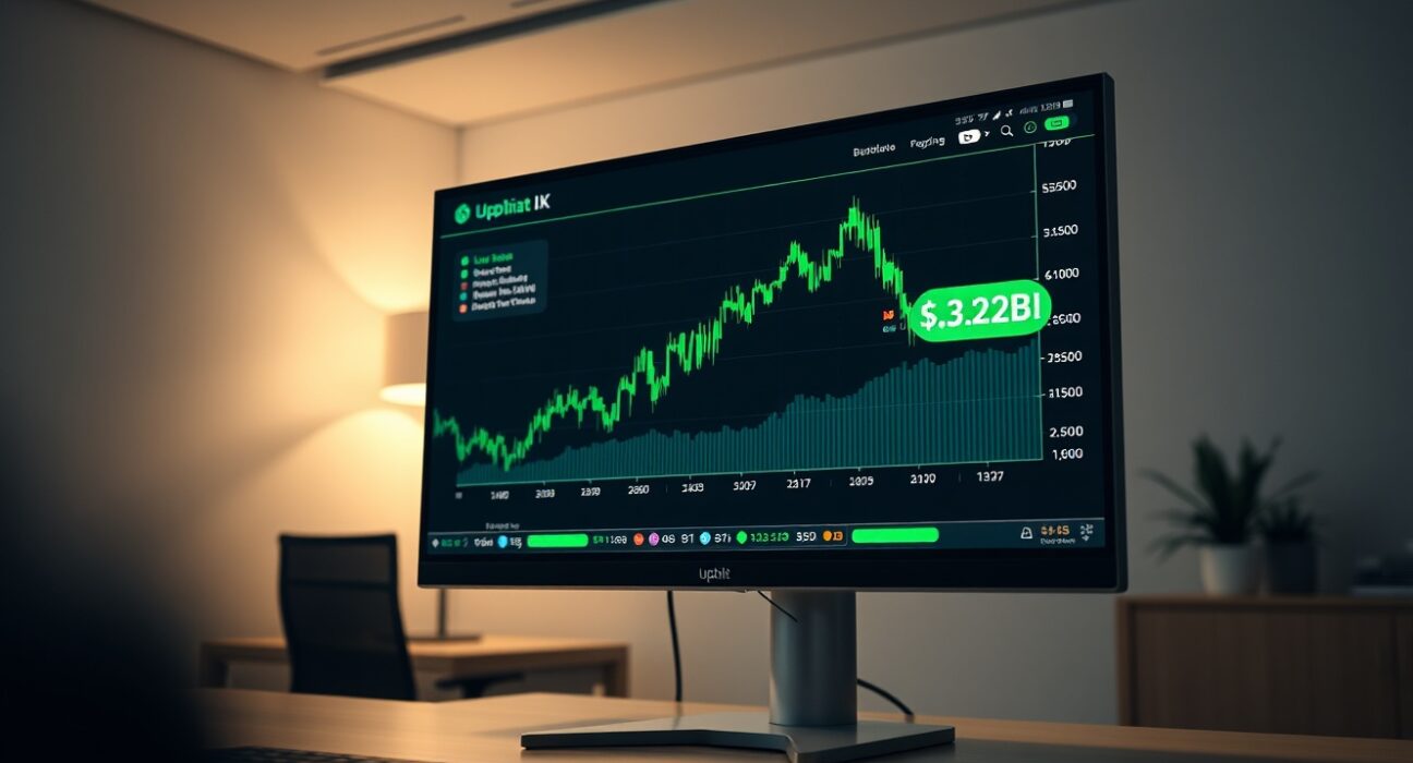Upbit trading screen showing a sharp volume spike to $4.2 billion in a Seoul office