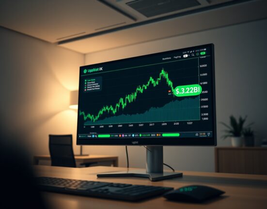Upbit trading screen showing a sharp volume spike to $4.2 billion in a Seoul office