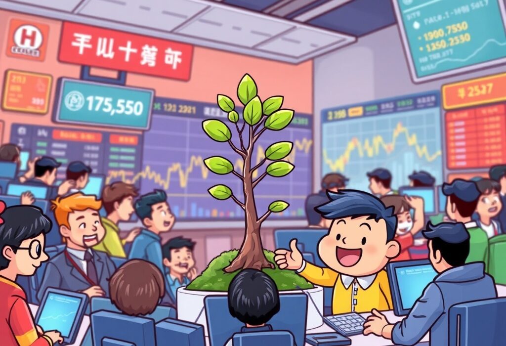 A vibrant cartoon illustration showing the excitement around the Upbit Treehouse listing on a crypto exchange platform.