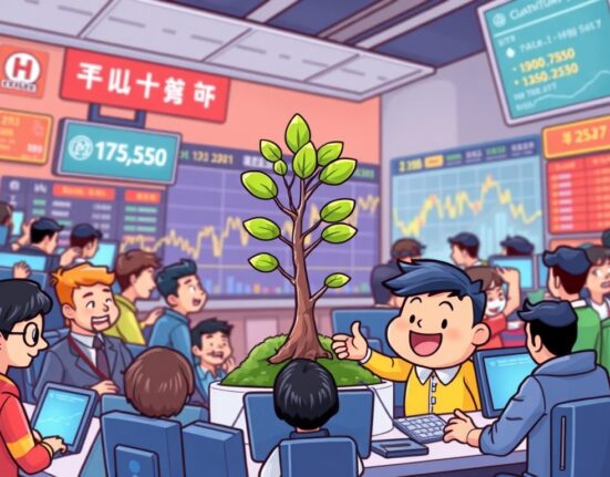 A vibrant cartoon illustration showing the excitement around the Upbit Treehouse listing on a crypto exchange platform.