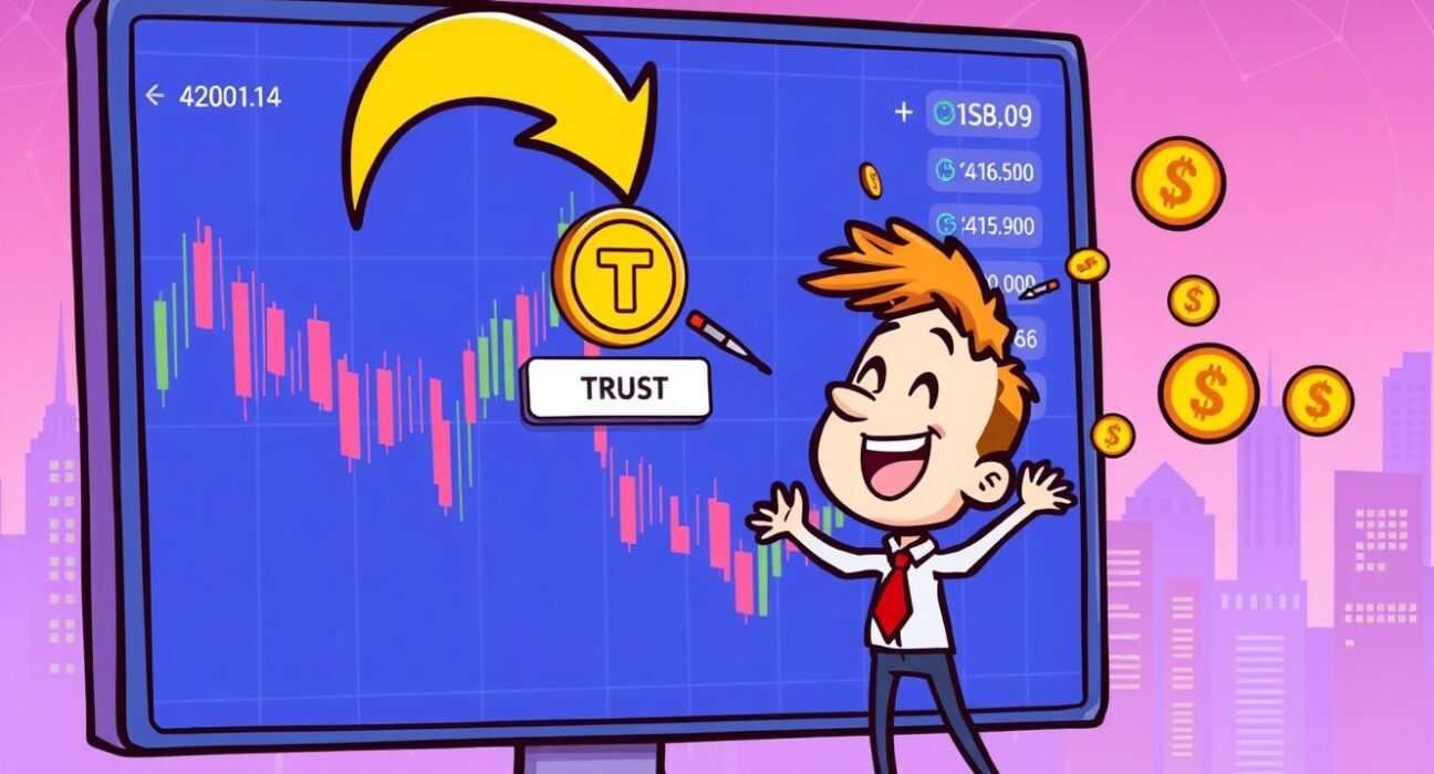 A vibrant cartoon scene depicting the excitement around the Upbit TRUST listing on a crypto exchange, symbolizing new trading opportunities.