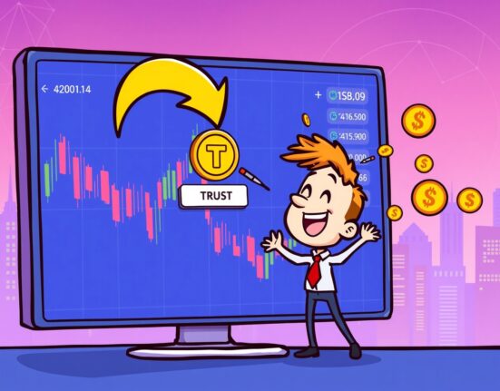 A vibrant cartoon scene depicting the excitement around the Upbit TRUST listing on a crypto exchange, symbolizing new trading opportunities.