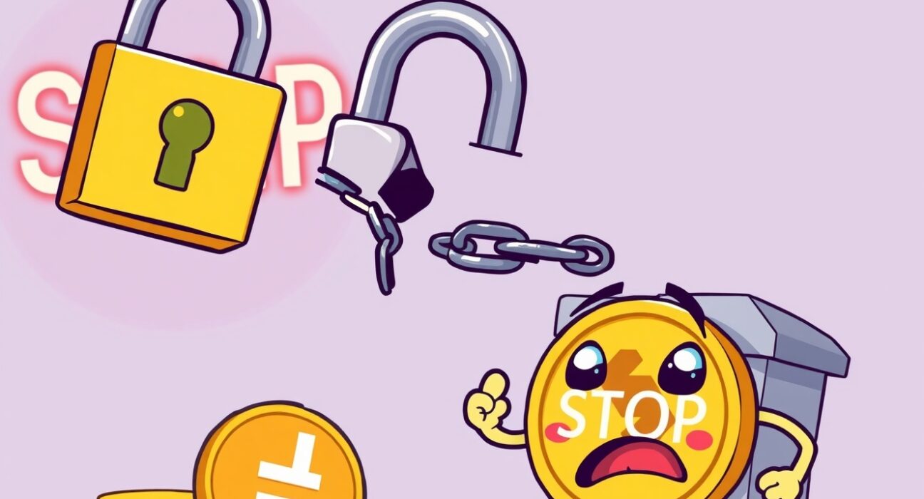 A cartoon illustration showing a digital lock and a 'STOP' sign, symbolizing the UXLINK security incident leading to Upbit's suspension of services.