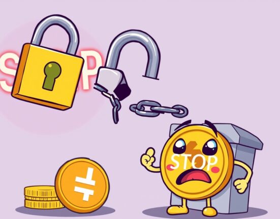 A cartoon illustration showing a digital lock and a 'STOP' sign, symbolizing the UXLINK security incident leading to Upbit's suspension of services.