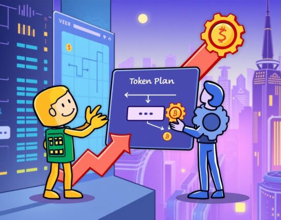 A cartoon illustration showing an exchange and a project team collaborating on UXLINK token circulation updates.