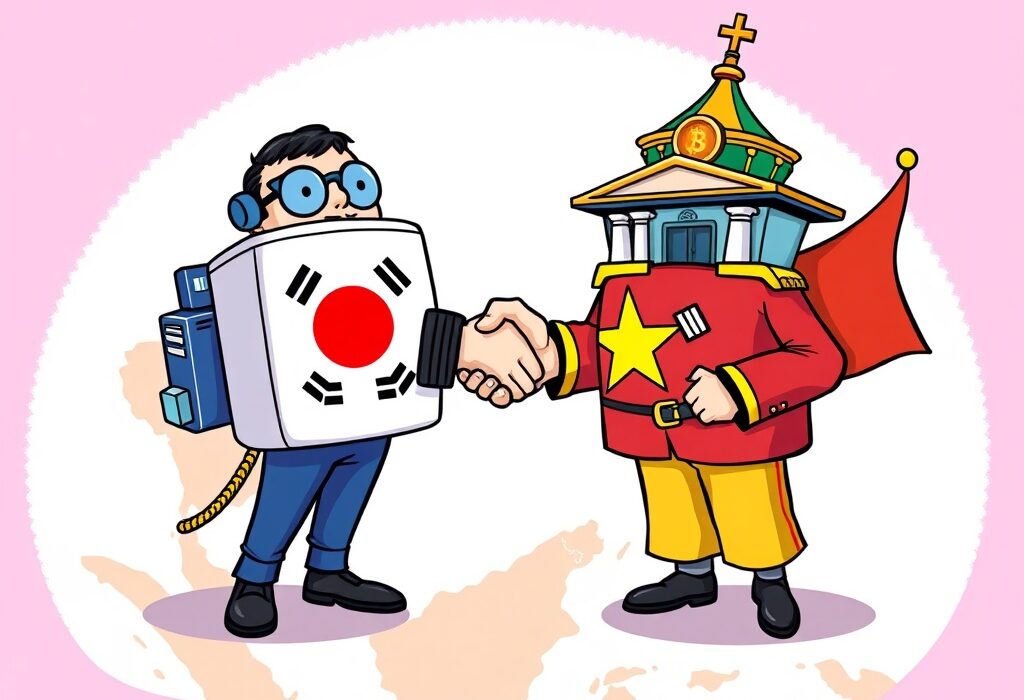 Cartoon illustration symbolizing the strategic Upbit Vietnam partnership, fostering secure and innovative crypto development.