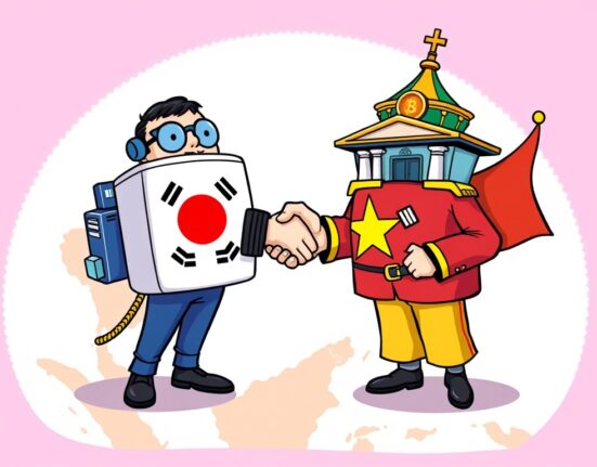 Cartoon illustration symbolizing the strategic Upbit Vietnam partnership, fostering secure and innovative crypto development.
