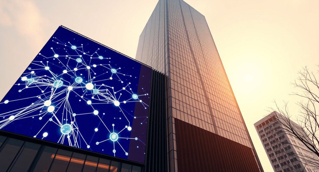 Upbit parent company Dunamu's headquarters in Seoul, with a digital blockchain network display on the building exterior.