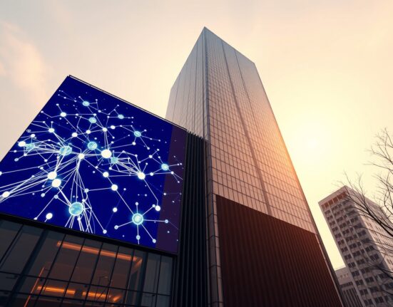 Upbit parent company Dunamu's headquarters in Seoul, with a digital blockchain network display on the building exterior.