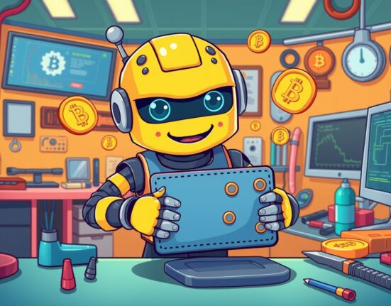 Upbit wallet maintenance cartoon showing digital currency security upgrade process