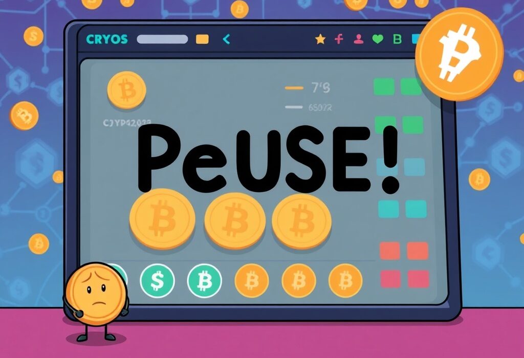 Cartoon illustration depicting an Upbit withdrawal suspension, showing halted crypto transactions and user concern over network issues.