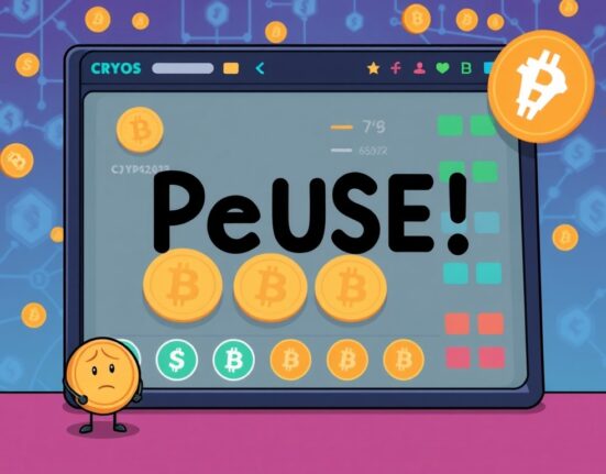 Cartoon illustration depicting an Upbit withdrawal suspension, showing halted crypto transactions and user concern over network issues.