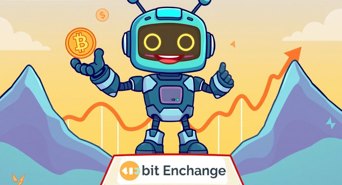 A vibrant cartoon robot celebrates the YieldBasis YB listing on the Upbit cryptocurrency exchange platform.