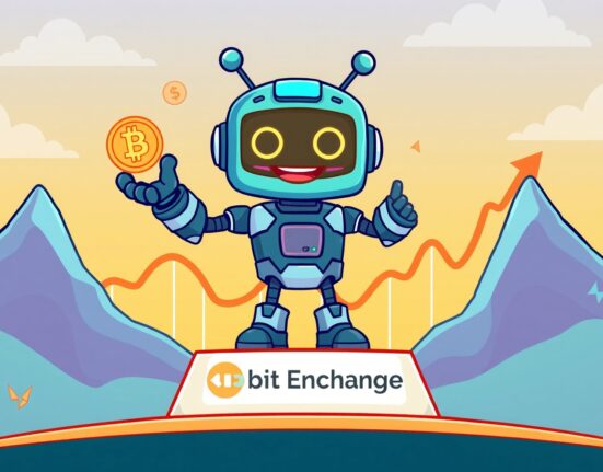 A vibrant cartoon robot celebrates the YieldBasis YB listing on the Upbit cryptocurrency exchange platform.