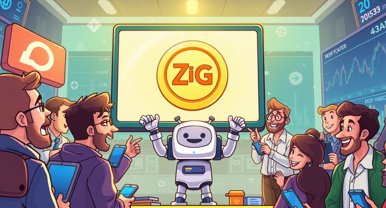 A vibrant cartoon illustration showing the exciting Upbit ZeroG listing event on a major crypto exchange, symbolizing new trading opportunities.
