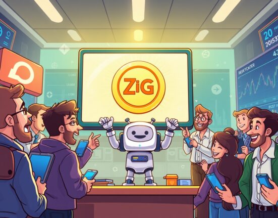 A vibrant cartoon illustration showing the exciting Upbit ZeroG listing event on a major crypto exchange, symbolizing new trading opportunities.