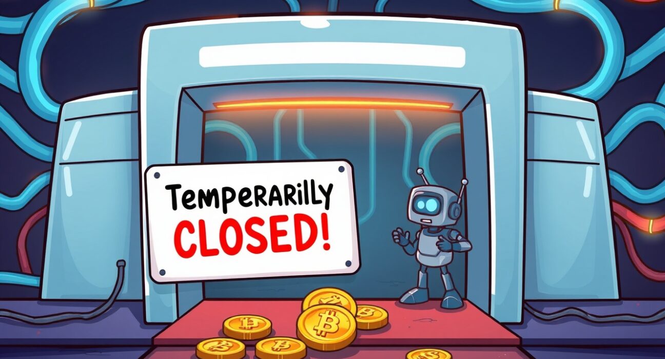Cartoon showing a temporary halt for ZETA deposits and withdrawals on a crypto exchange, signaling a network upgrade.