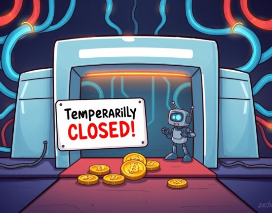 Cartoon showing a temporary halt for ZETA deposits and withdrawals on a crypto exchange, signaling a network upgrade.
