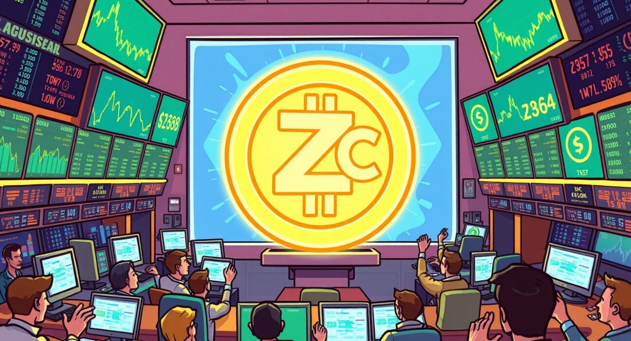 Cartoon illustration of a crypto exchange, highlighting the significant Upbit ZKC listing for new trading opportunities.
