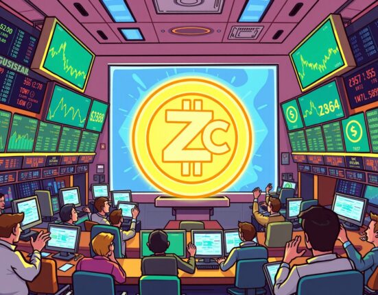 Cartoon illustration of a crypto exchange, highlighting the significant Upbit ZKC listing for new trading opportunities.