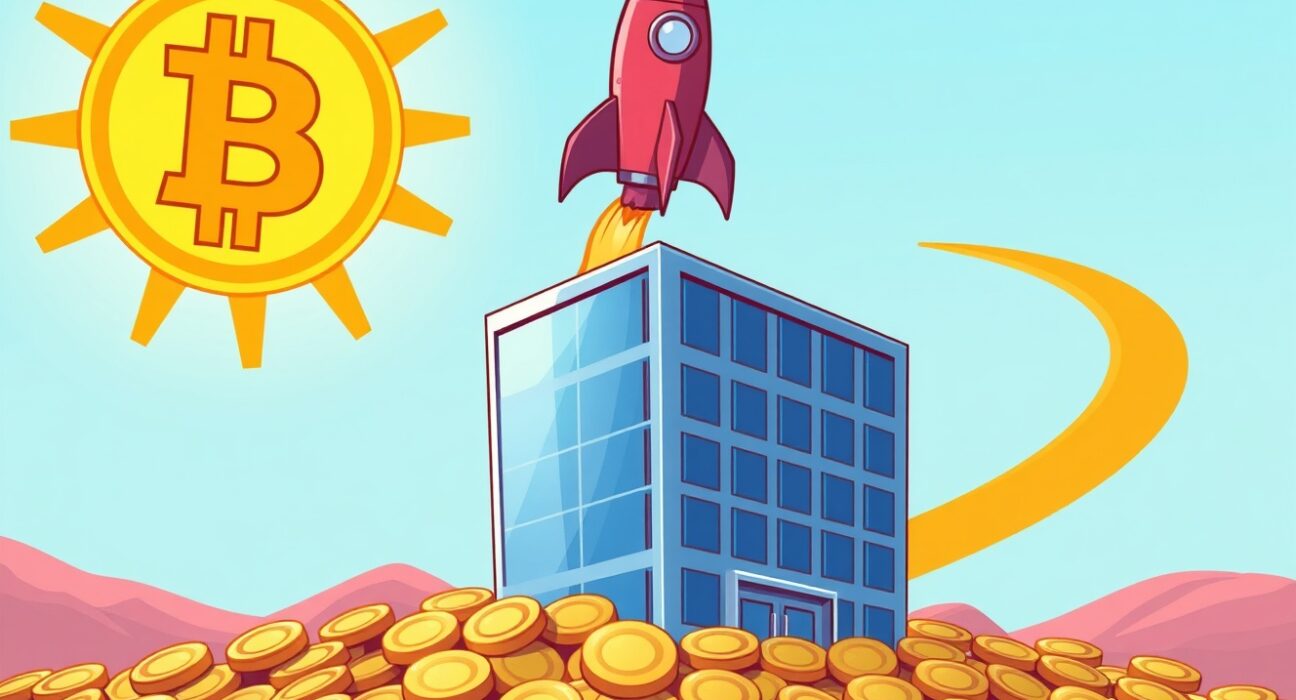 Strategic SOL acquisition plan illustrated by a corporate rocket launching towards crypto growth.