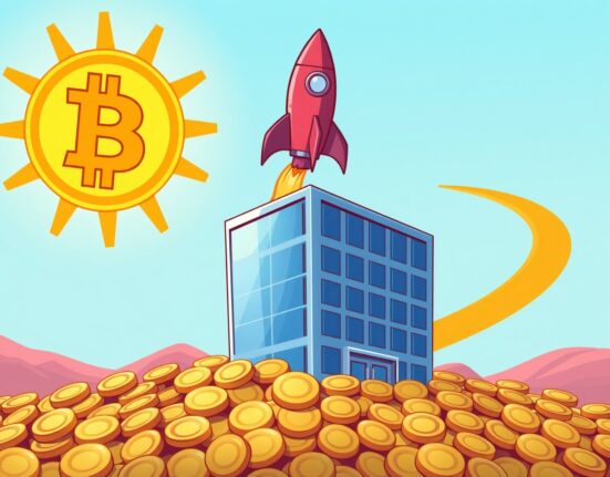 Strategic SOL acquisition plan illustrated by a corporate rocket launching towards crypto growth.