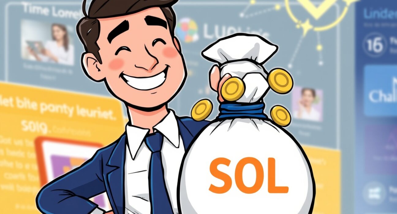 A cartoon showing Upexi's strategic SOL investment, with a figure holding Solana coins amidst e-commerce activity.