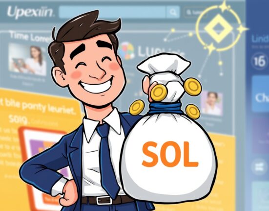 A cartoon showing Upexi's strategic SOL investment, with a figure holding Solana coins amidst e-commerce activity.
