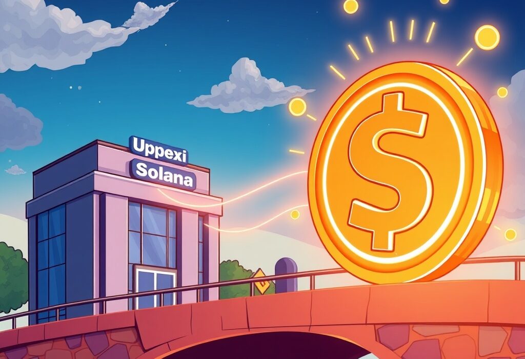 An illustration symbolizing Upexi's strategic Solana investment deal with capital flowing towards a large SOL coin.